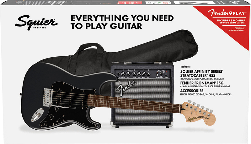 Фото Электрогитара в комплекте FENDER SQUIER Affinity 2021 Stratocaster HSS Pack LRL Charcoal Frost Metallic